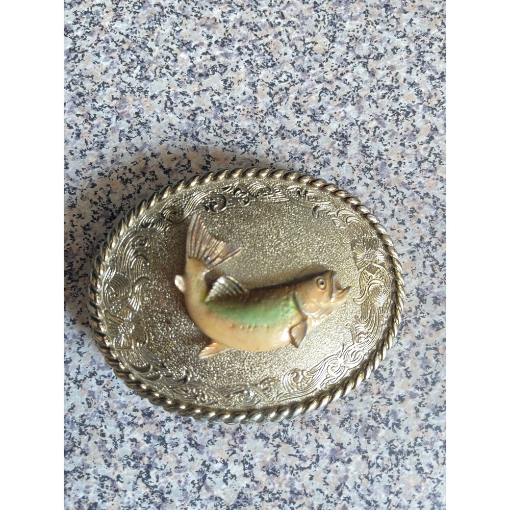 RainTree Belt Buckle Mens OS Gold Excellent Vintage 1978 Trout Fish Enamel 3D